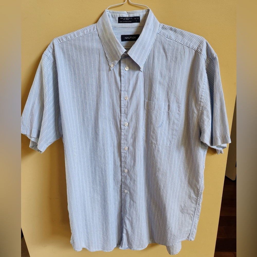 Nautica short sleeve button-down shirt. Blue/white stripe. $59 original retail